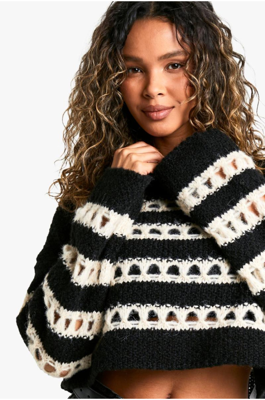 В’язаний джемпер у смужку з відкритою строчкою