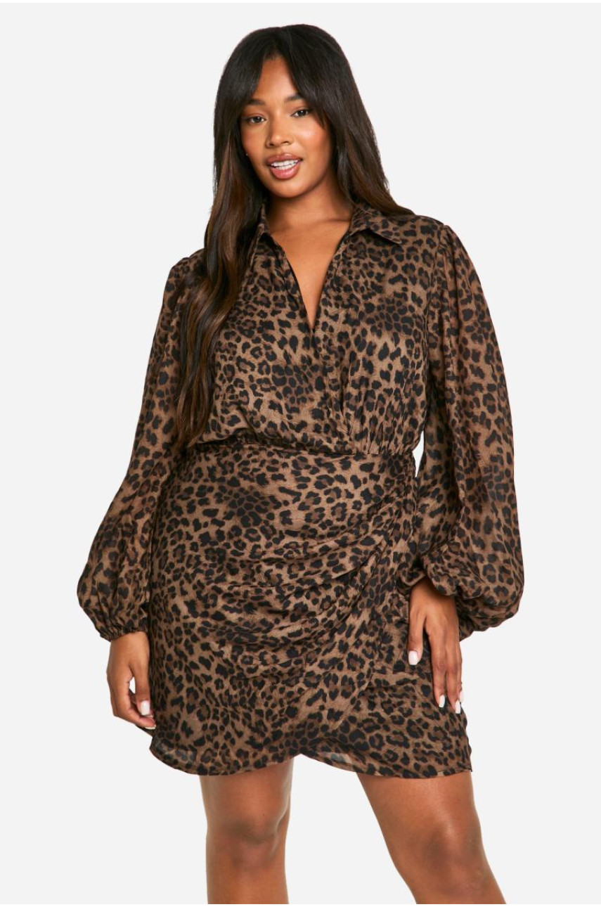 Плюс сукня з блузою з леопардовим принтом і рукавами