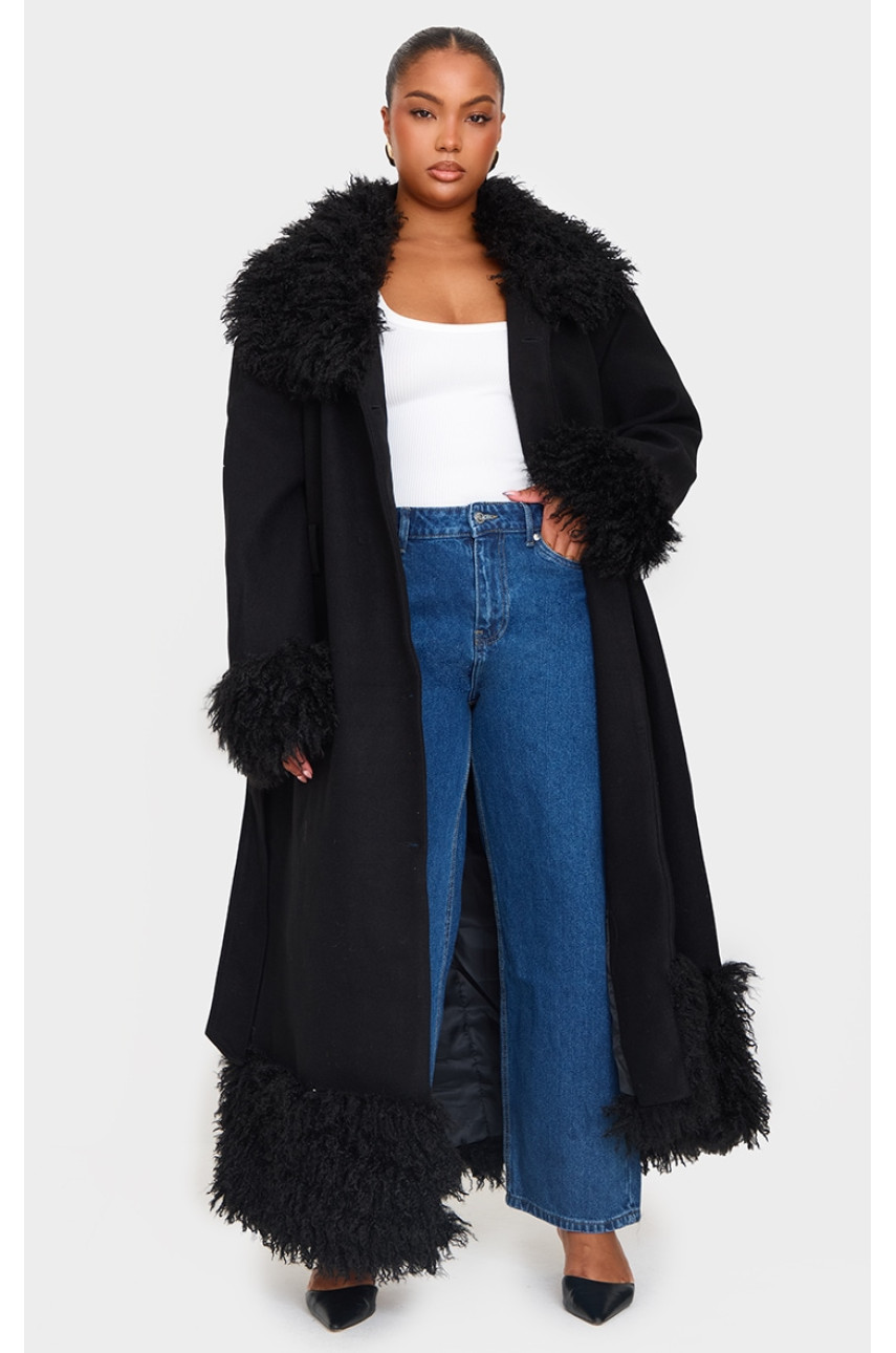 Плюс чорне пальто з контрастною вовняною обробкою зі штучного хутра