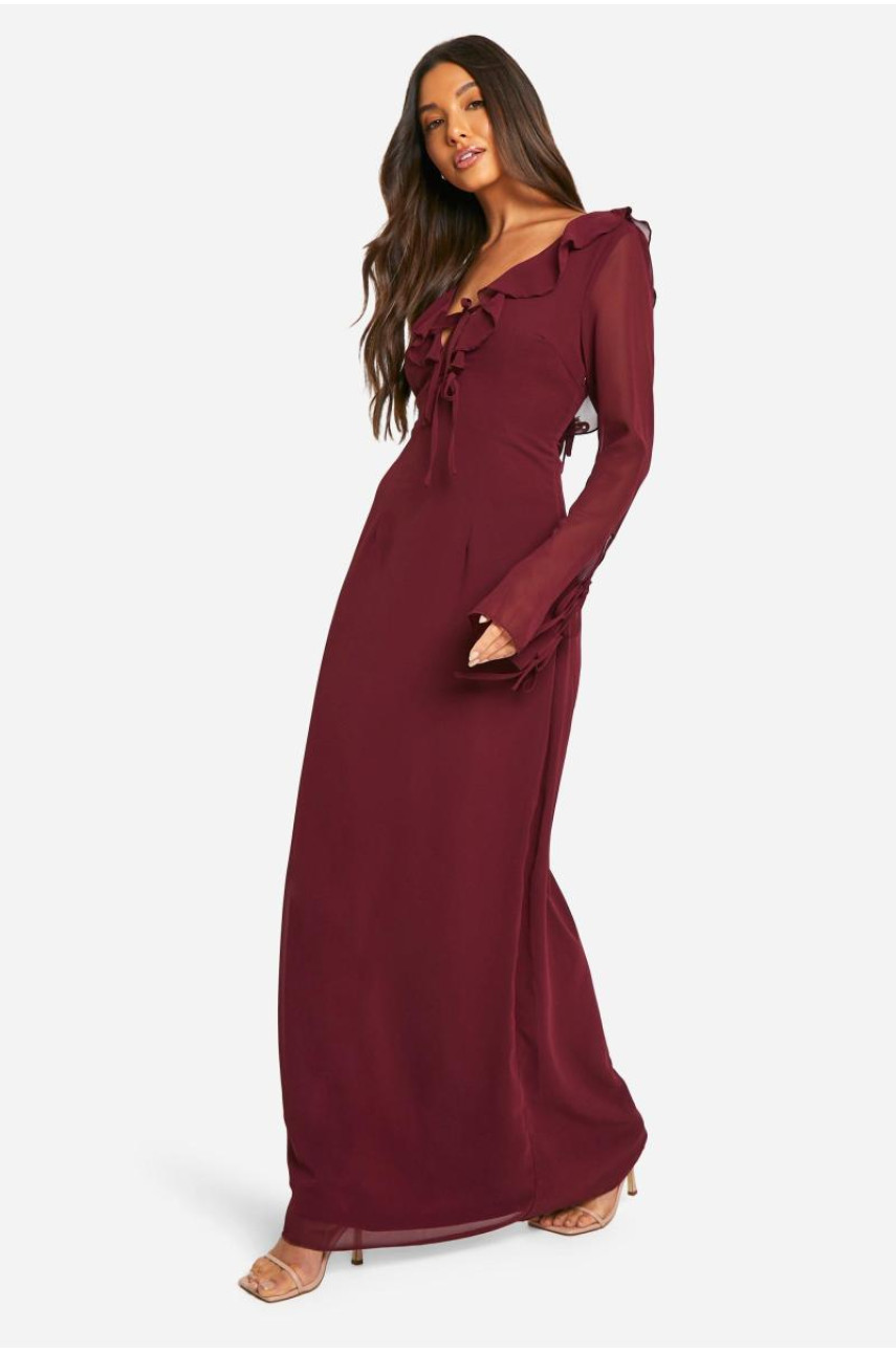 Сукня максі з шифоновою оборкою і рукавами на зав'язках