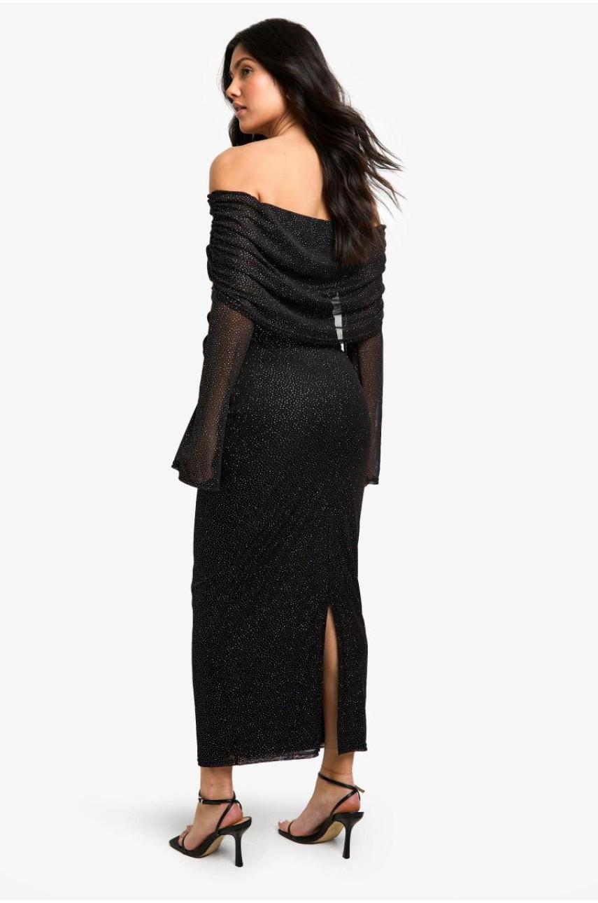 Блискуча сітчаста сукня для вагітних Deep Bardot з довгим рукавом Midaxi