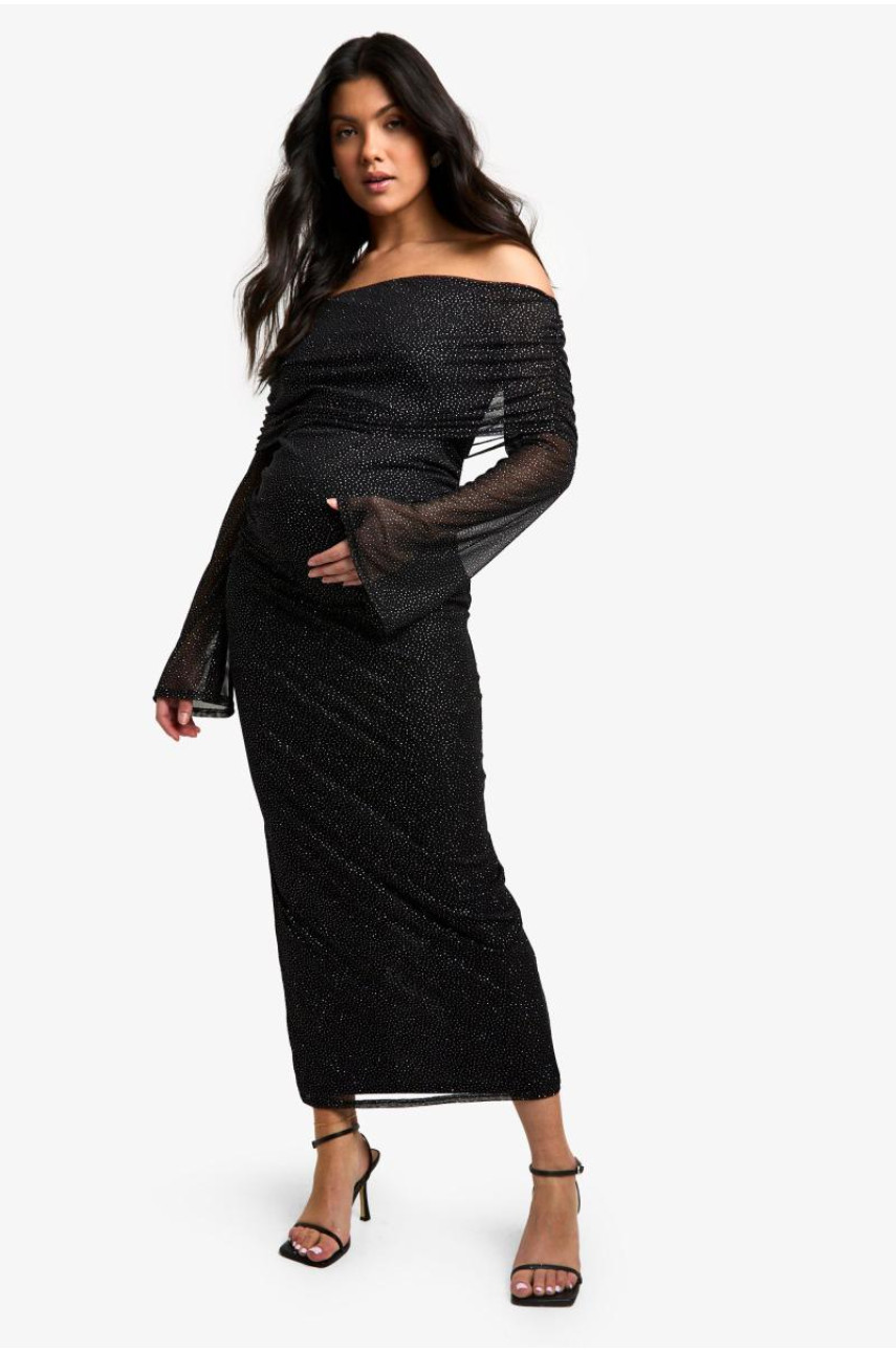 Блискуча сітчаста сукня для вагітних Deep Bardot з довгим рукавом Midaxi