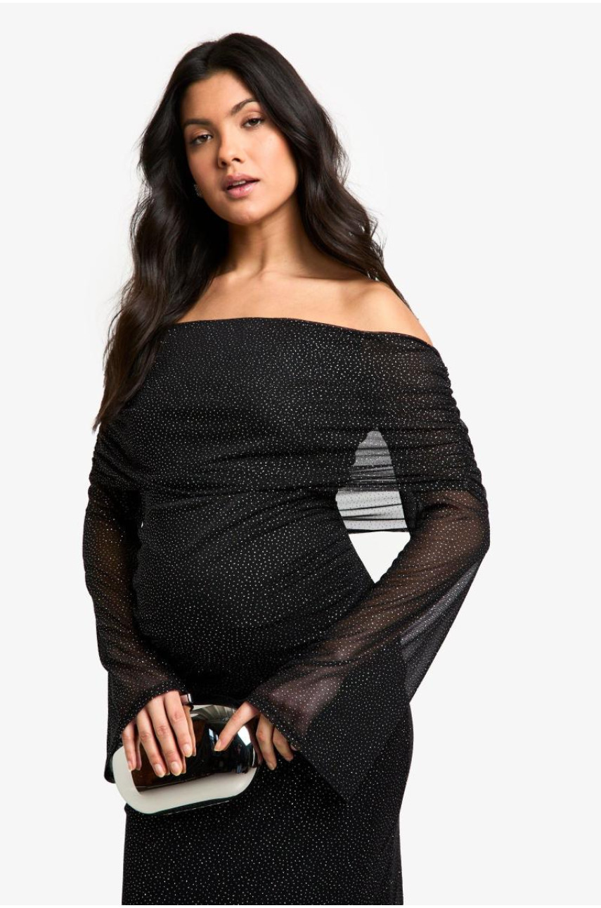 Блискуча сітчаста сукня для вагітних Deep Bardot з довгим рукавом Midaxi