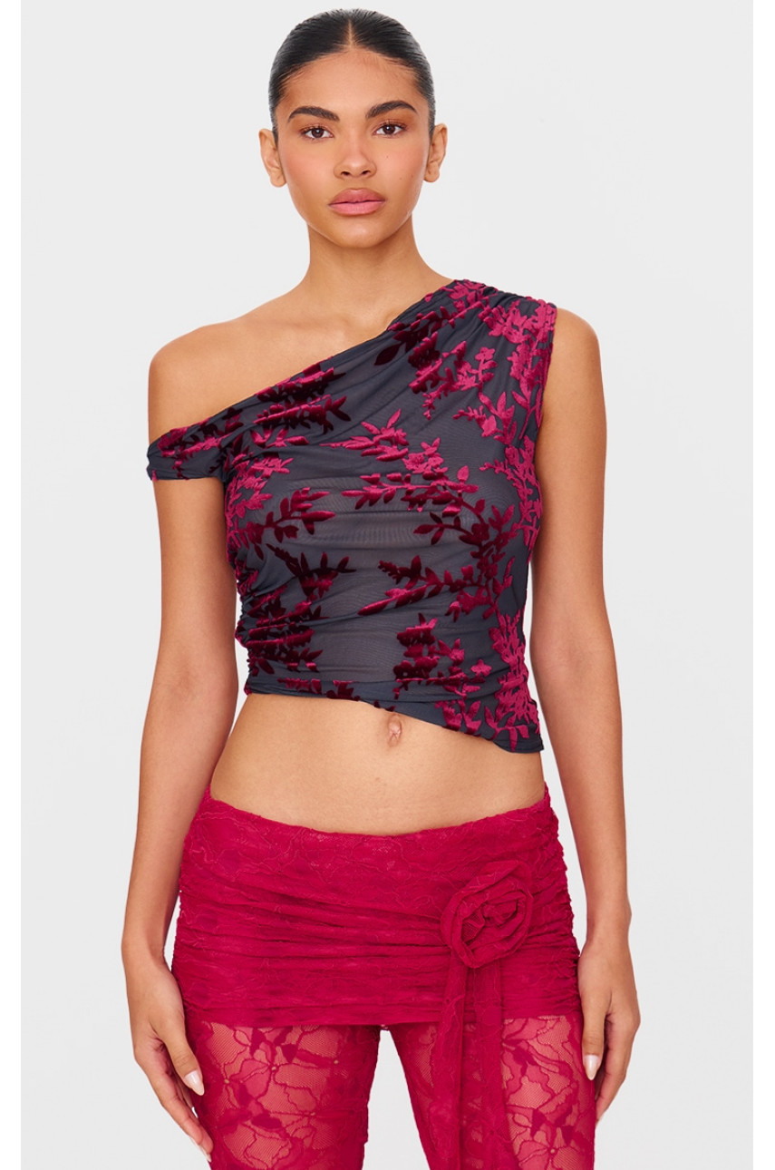 Асиметричний довгий топ з квітковими деталями бордового кольору Devore