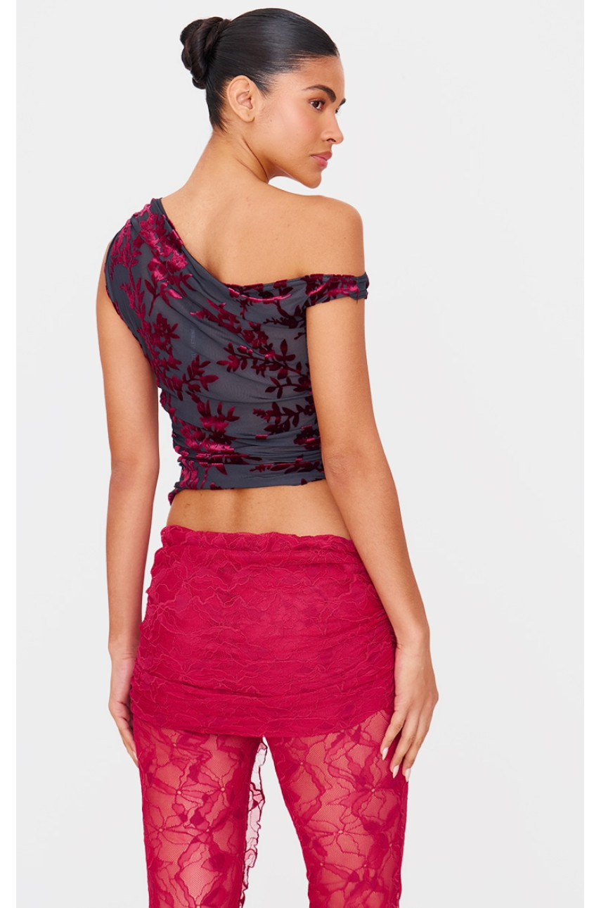 Асиметричний довгий топ з квітковими деталями бордового кольору Devore