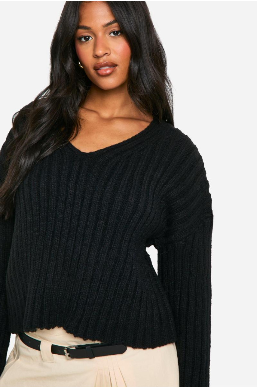 Високий укорочений трикотажний джемпер з V-подібним вирізом