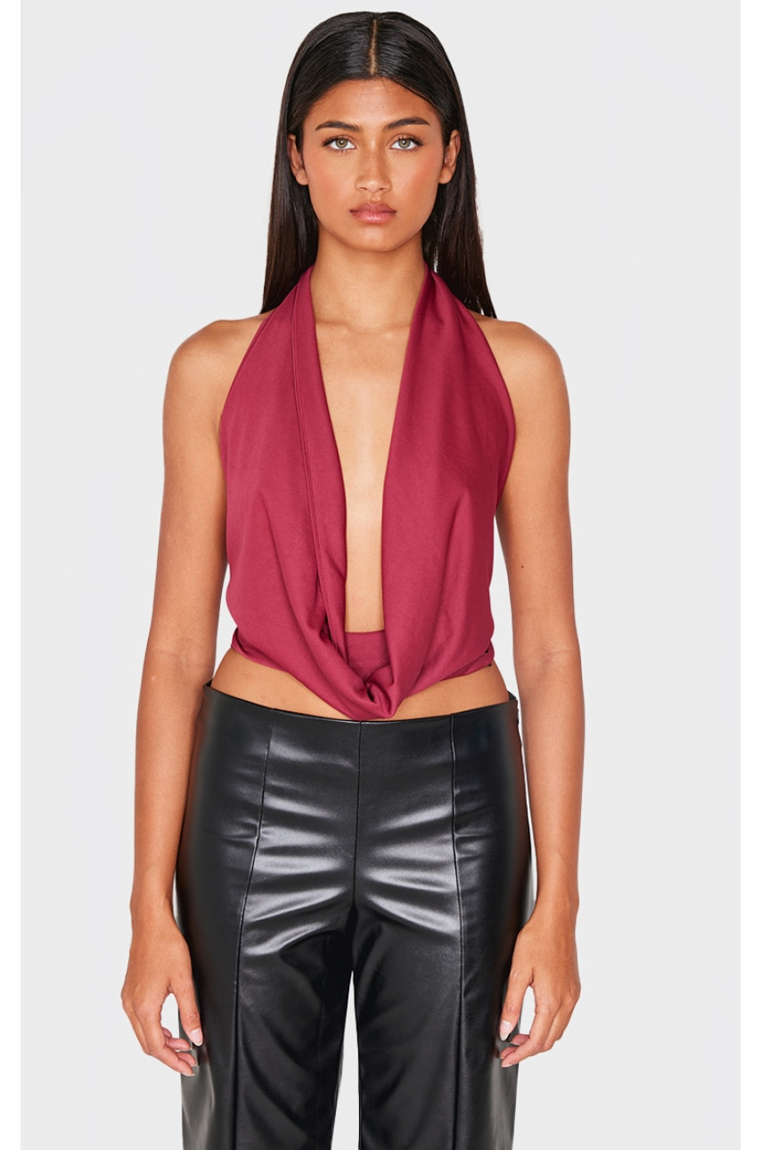 Довгий топ з хомутом бордового кольору