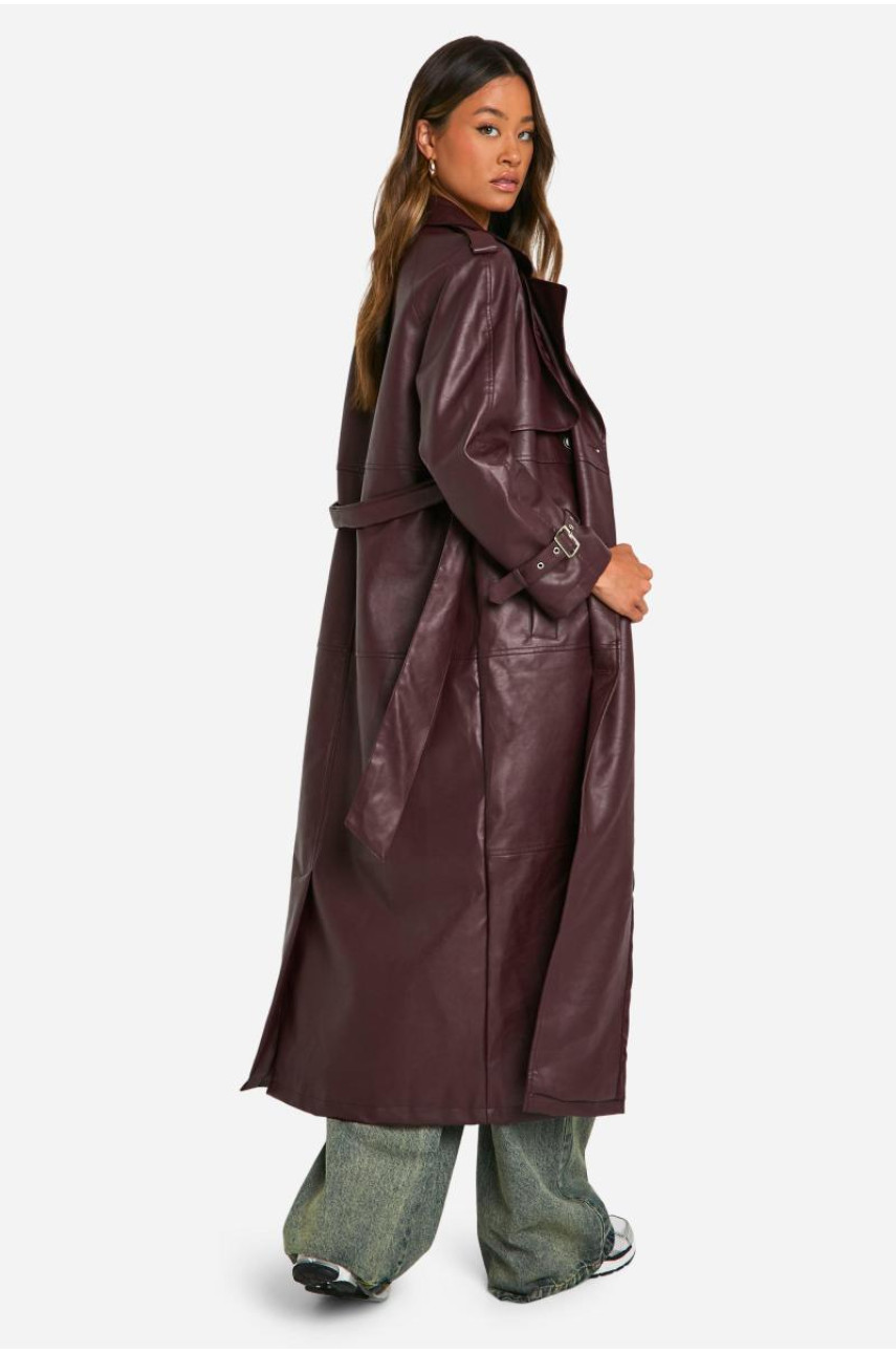 Високий подвійний тренч зі штучної шкіри