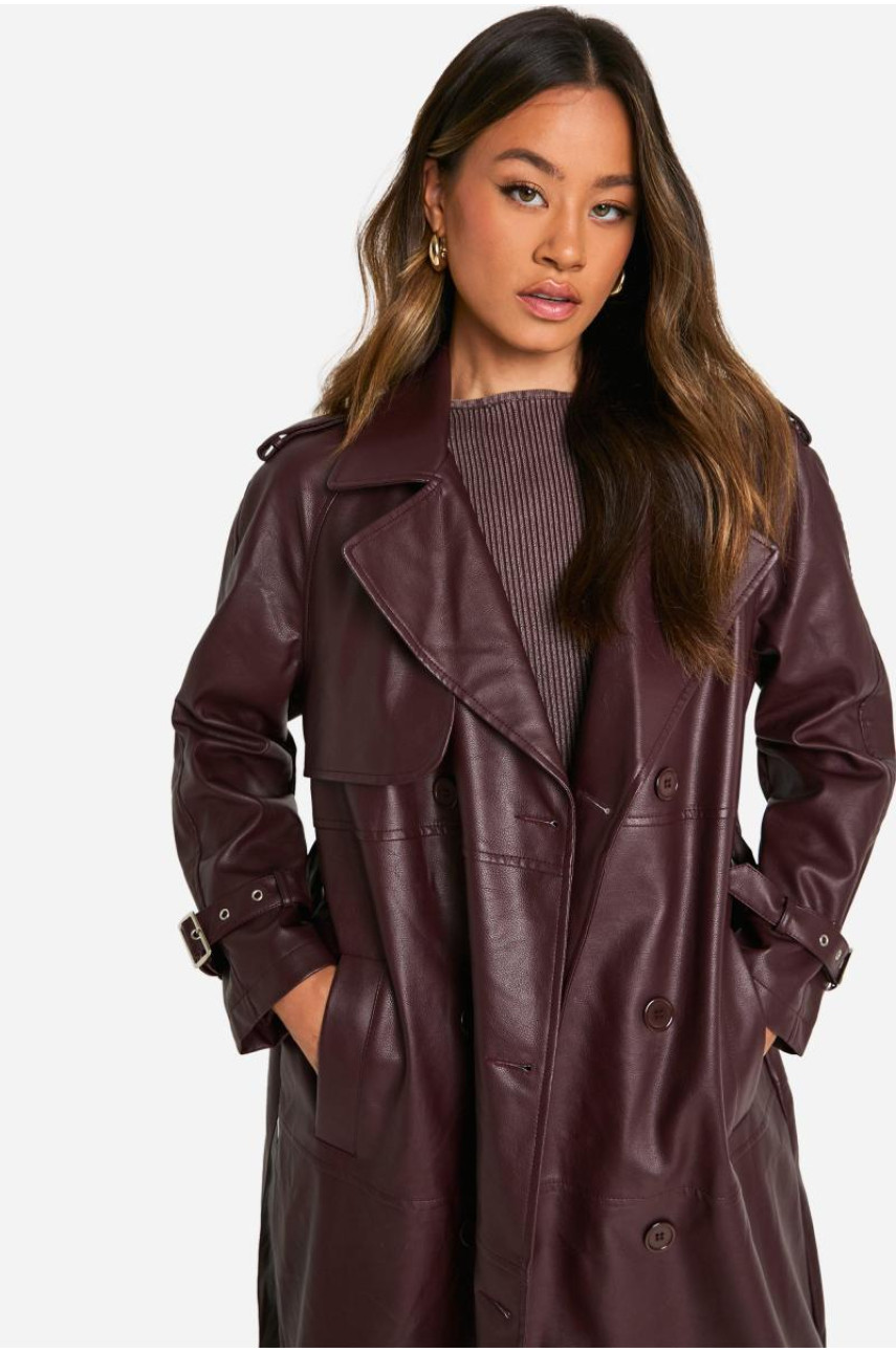 Високий подвійний тренч зі штучної шкіри