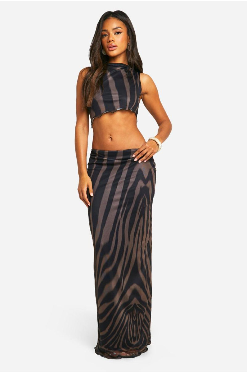 Асиметрична сітчаста максі-спідниця з принтом