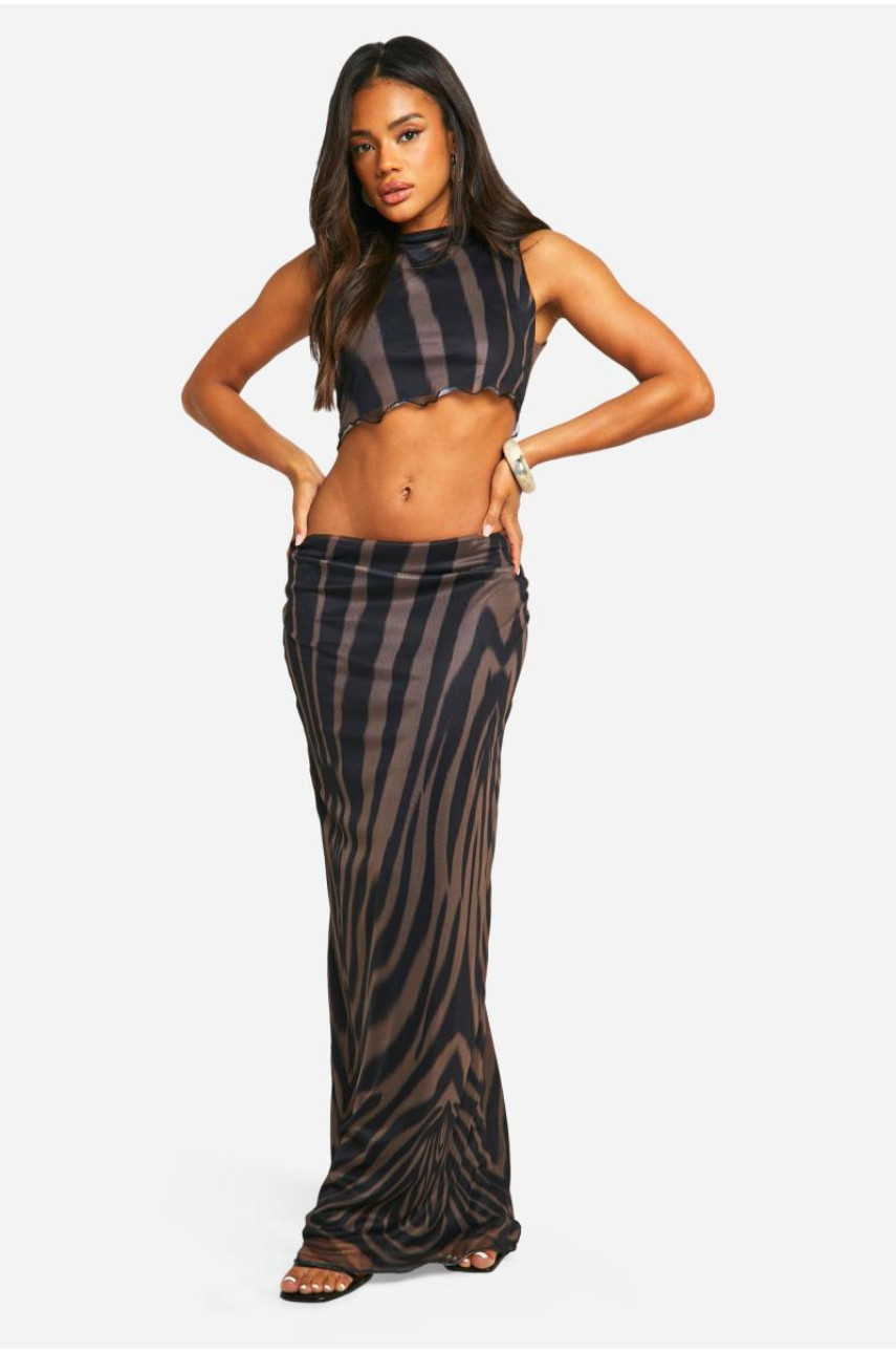 Асиметрична сітчаста максі-спідниця з принтом