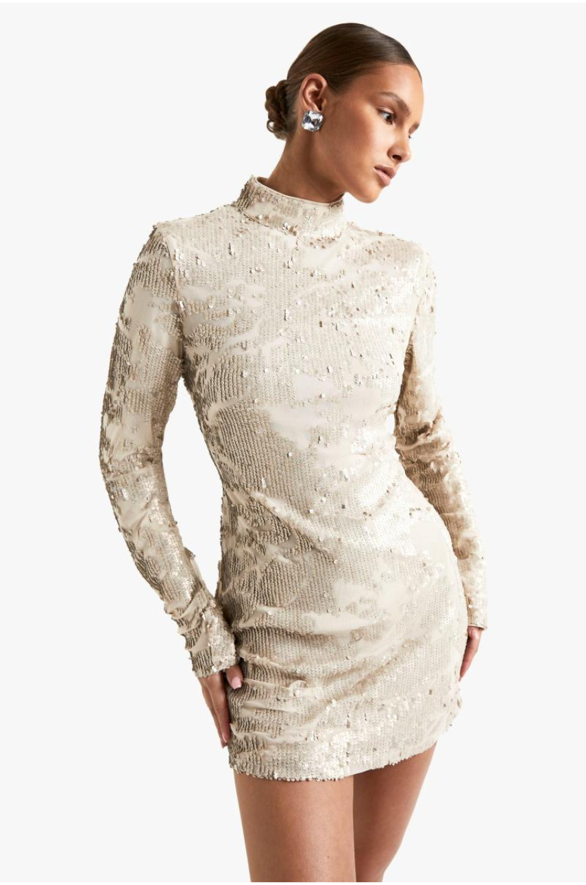 Міні-сукня з паєтками з високим вирізом і довгим рукавом Demask