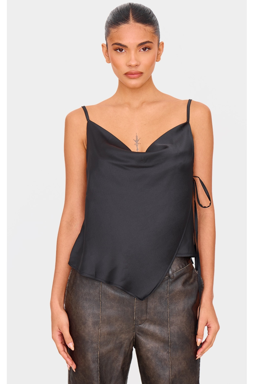 Чорний атласний асиметричний довгий топ з розділеним подолом