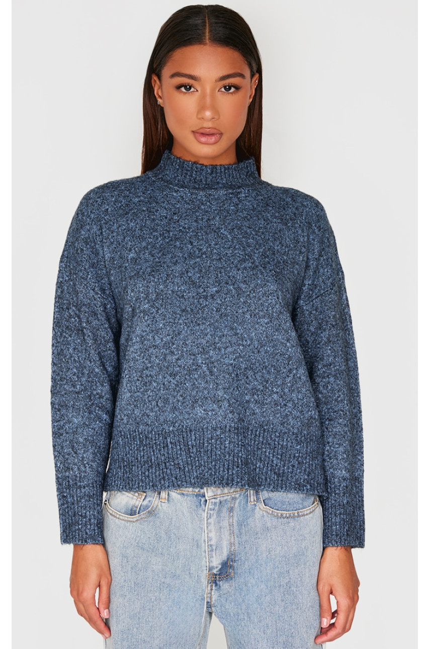 В’язаний джемпер із високою горловиною та відкритою спиною темно-синього кольору Luxe