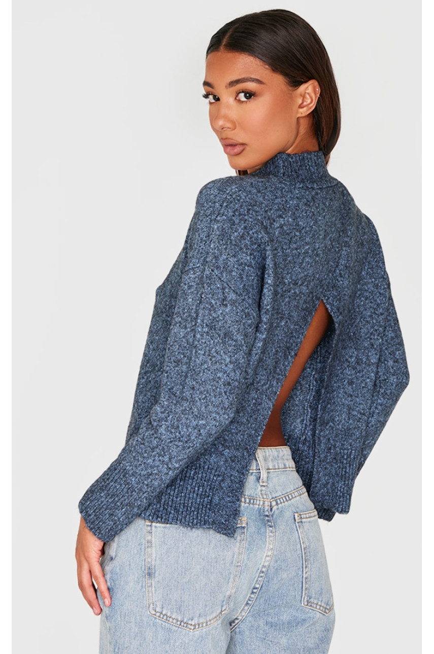 В’язаний джемпер із високою горловиною та відкритою спиною темно-синього кольору Luxe