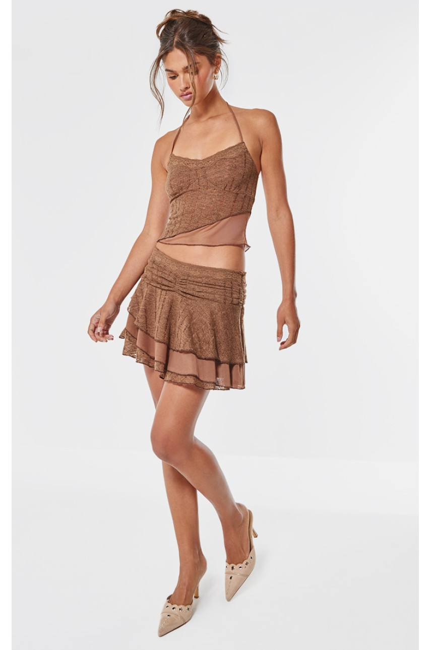 Шоколадна мереживна міні-спідниця з рюшами та деталями