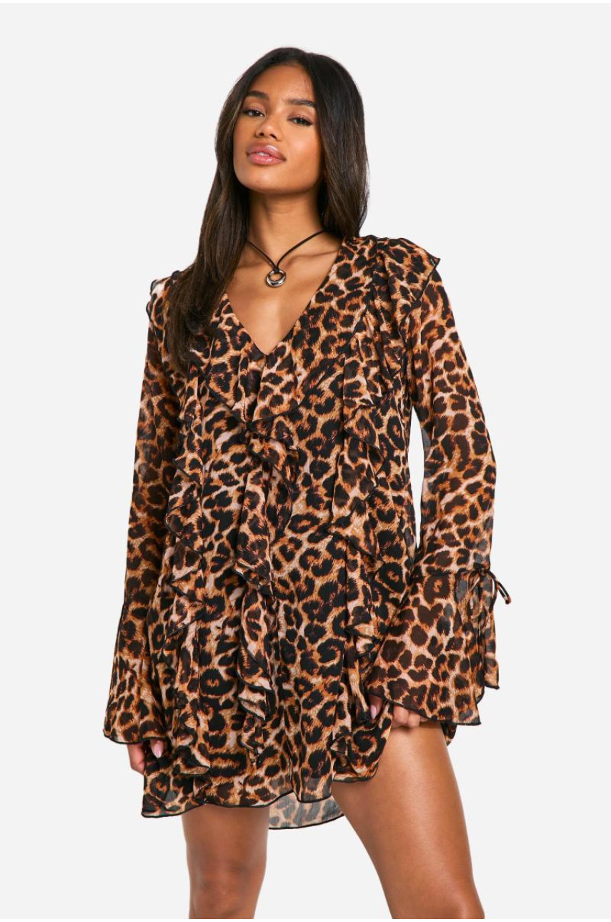 Сукня прямого крою з леопардовими воланами