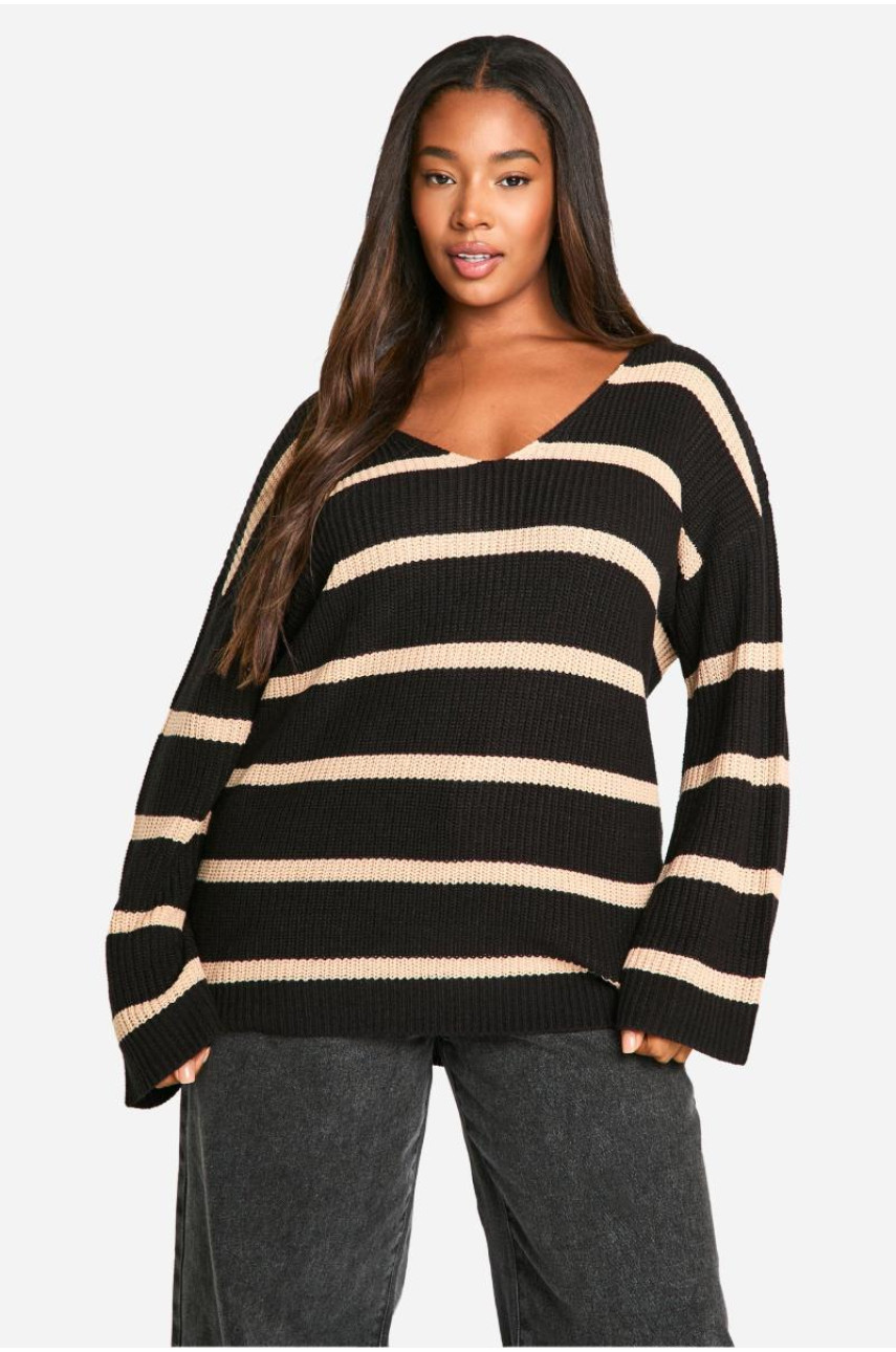 Плюс великий джемпер у смужку з V-подібним вирізом