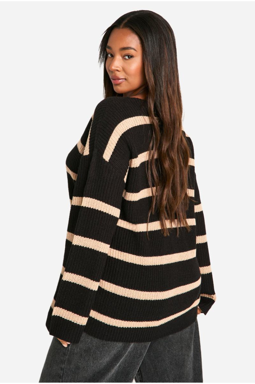Плюс великий джемпер у смужку з V-подібним вирізом