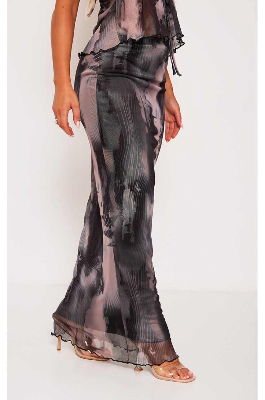 Чорна сітчаста спідниця Midaxi з абстрактним принтом і низькою посадкою