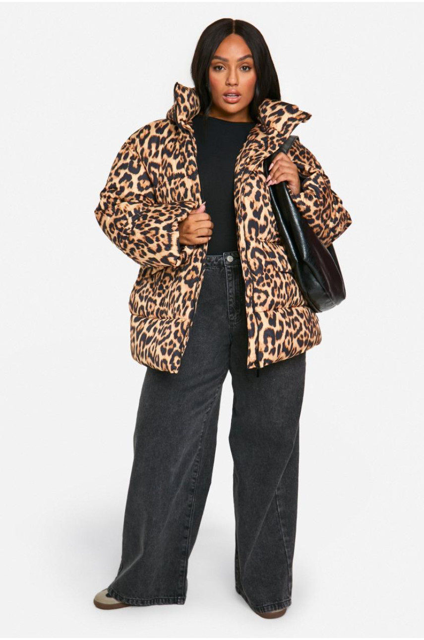 Плюс велика куртка-пуховик з леопардовим принтом
