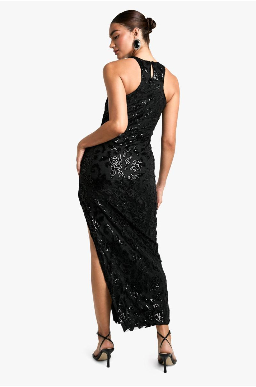 Сукня максі з оксамитовою мереживною маскою Racer Neck