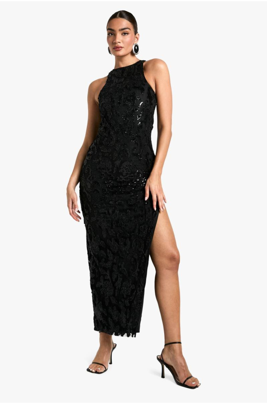 Сукня максі з оксамитовою мереживною маскою Racer Neck