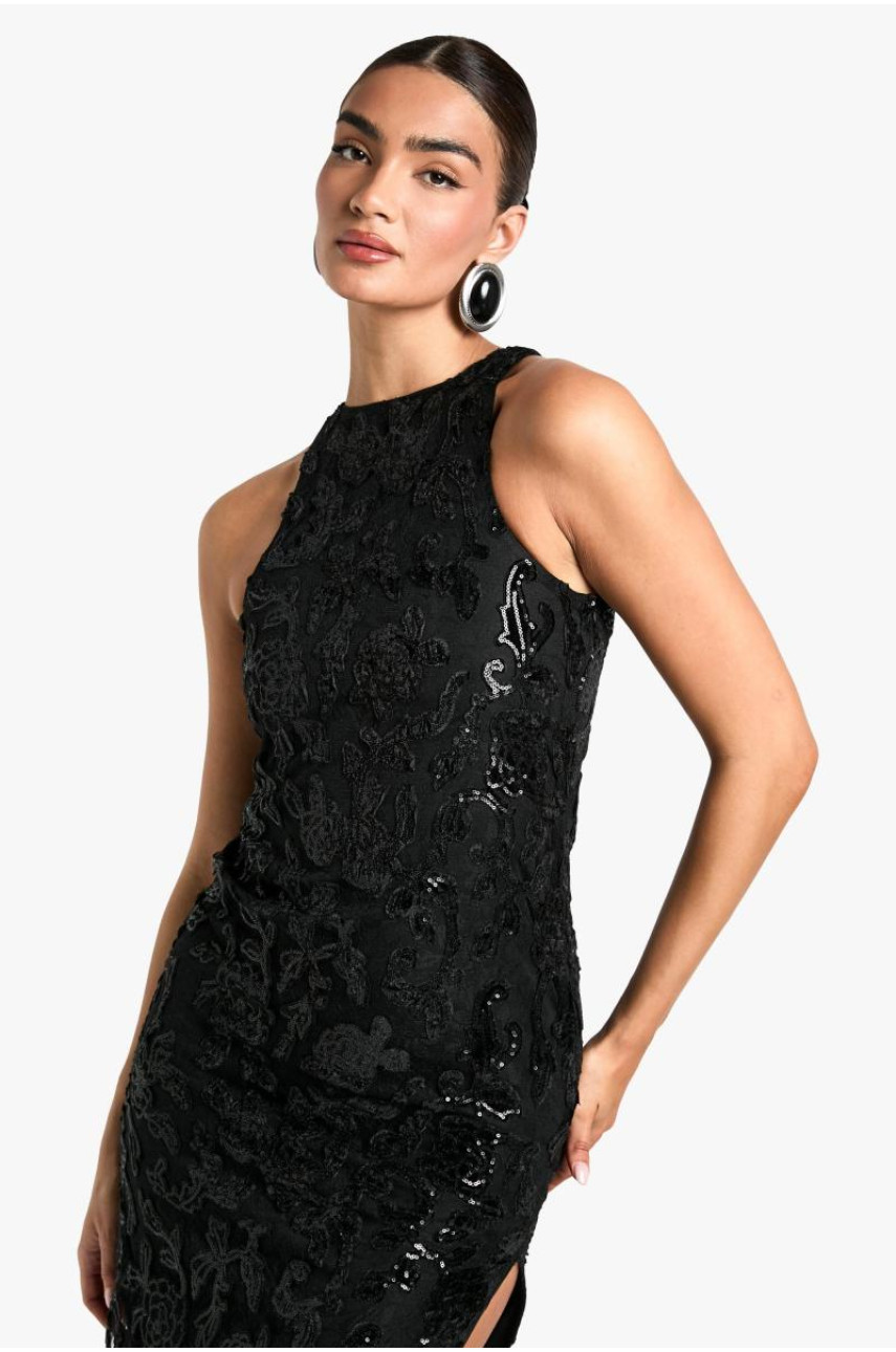 Сукня максі з оксамитовою мереживною маскою Racer Neck