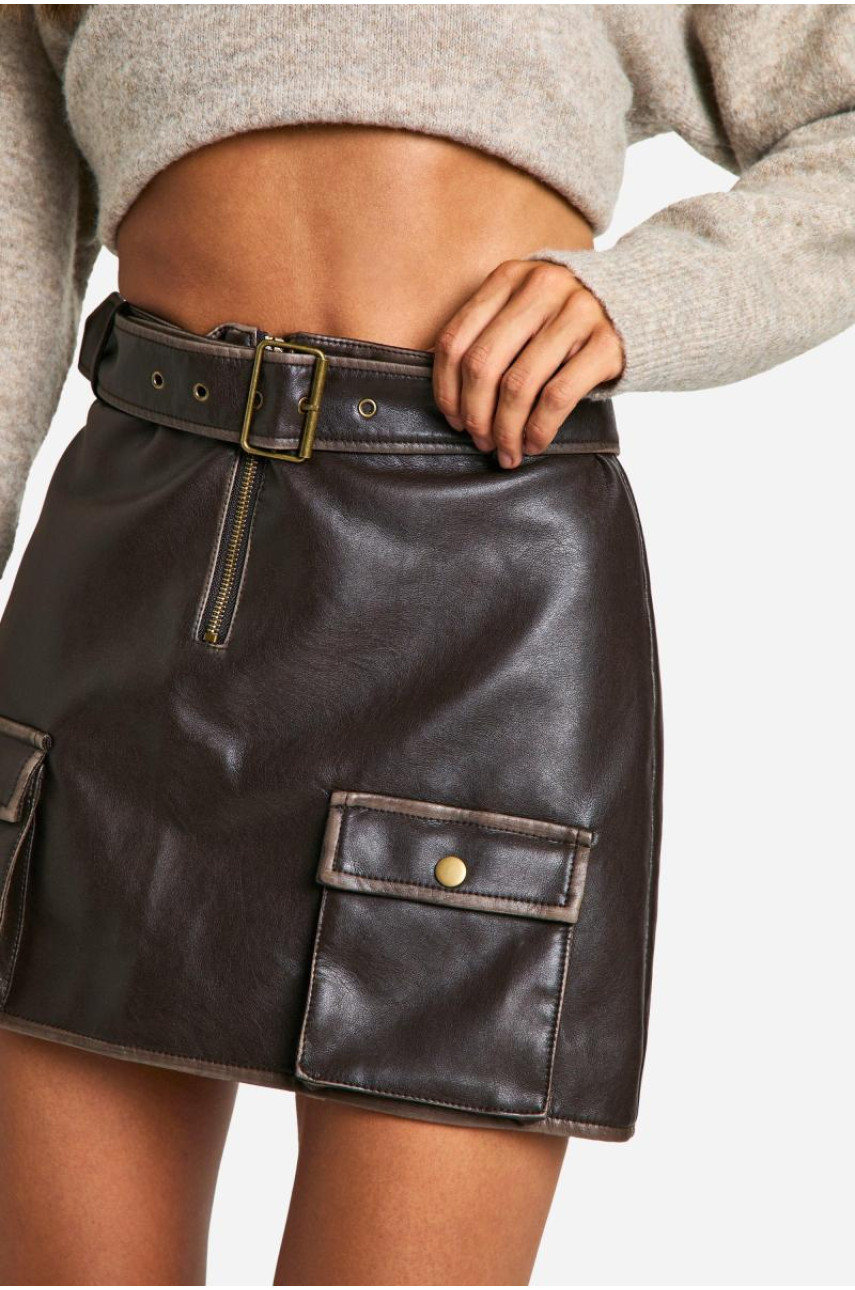 Висока міні-спідниця зі штучної шкіри з кишенями