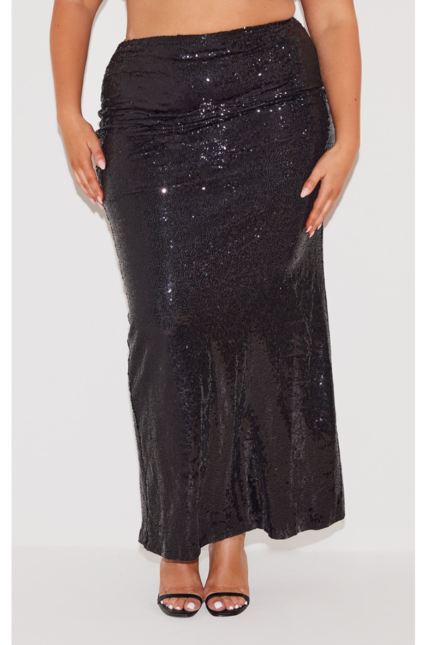 Плюс чорна спідниця максі з високою талією з паєтками