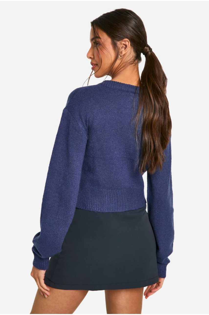 М'який трикотажний мікрокардиган з круглим вирізом і надувними рукавами