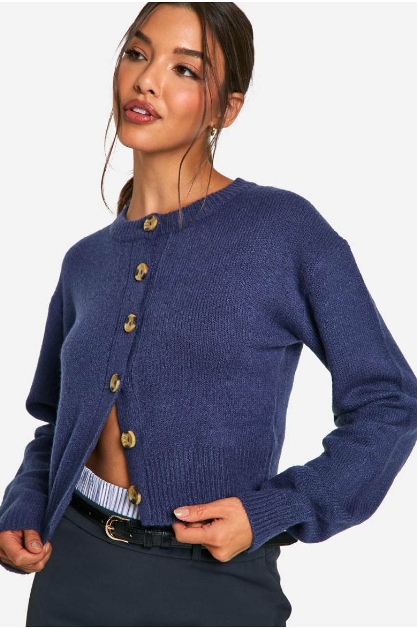 М'який трикотажний мікрокардиган з круглим вирізом і надувними рукавами