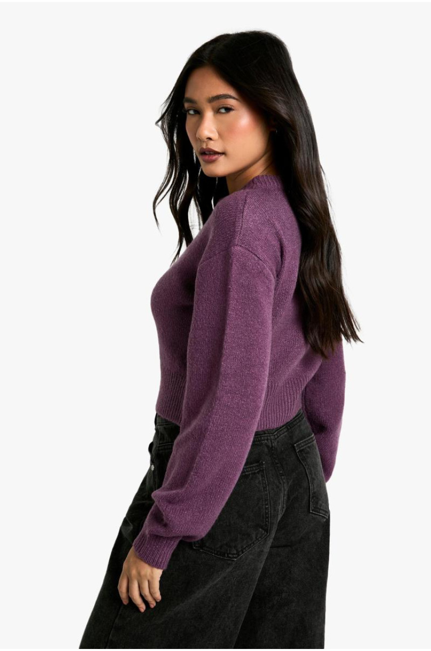 М'який трикотажний мікрокардиган з круглим вирізом і надувними рукавами