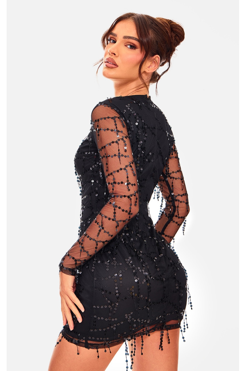 Чорна міні-сукня з довгим рукавом і паєтками