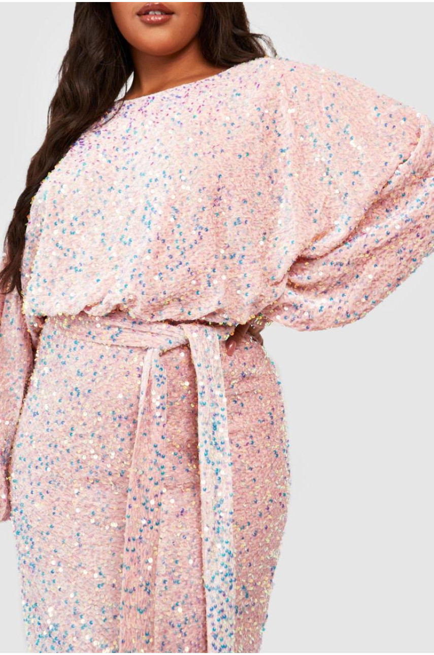 Плюс оксамитова сукня міді з паєтками і поясом