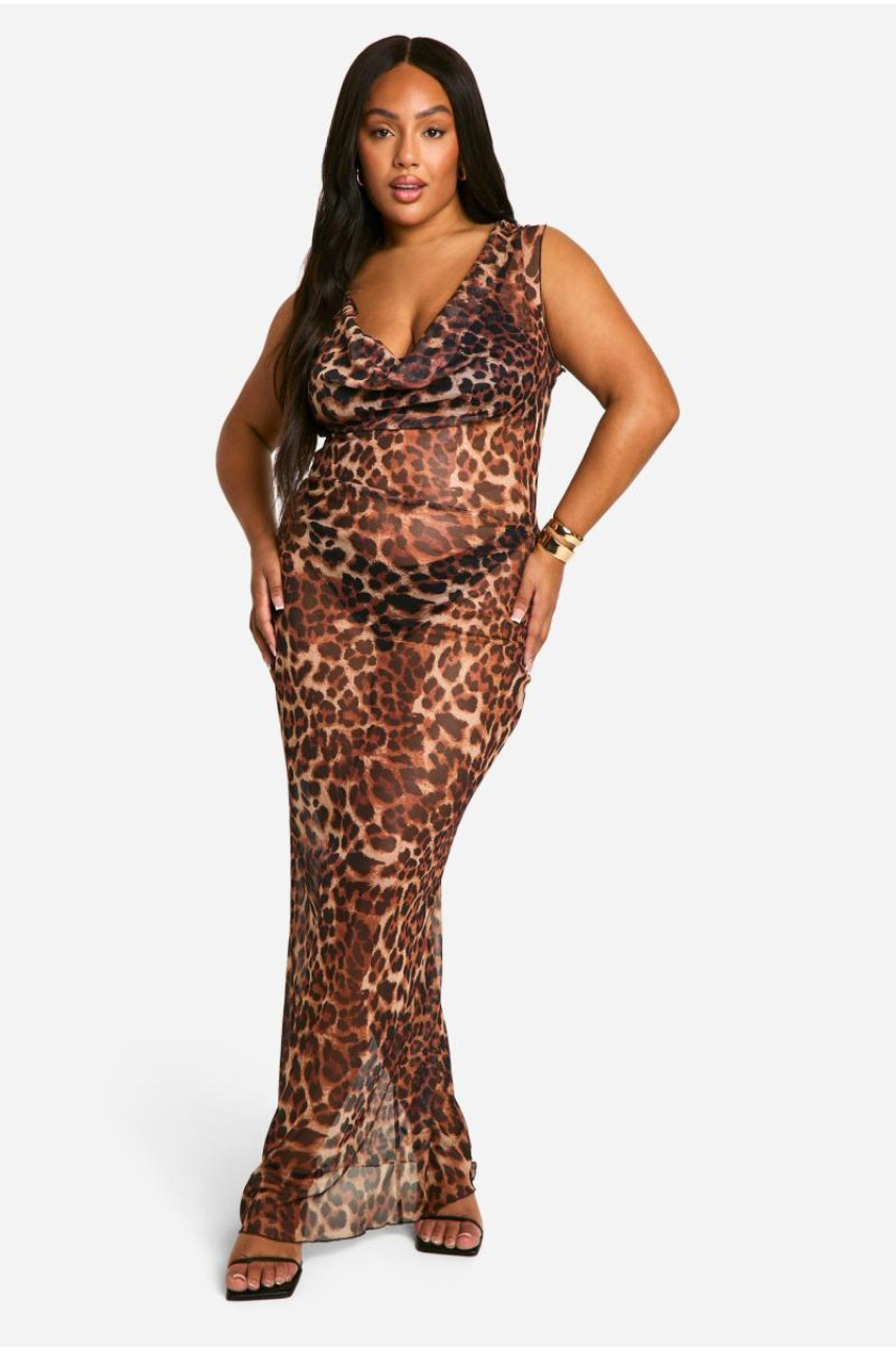 Плюс максі-сукня з леопардовою сіткою і вирізом