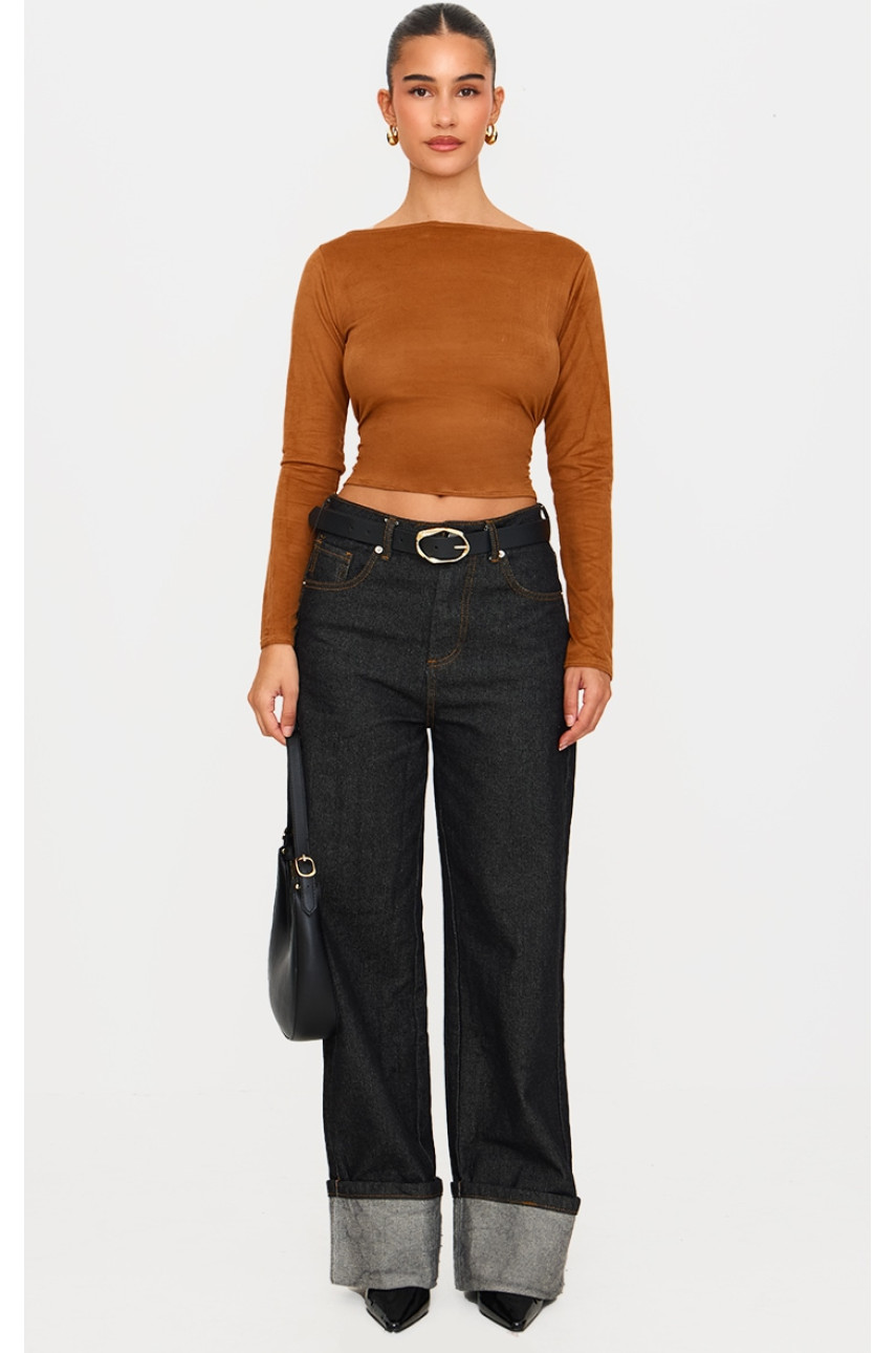 Топ з довгим рукавом із штучної замші та горловиною