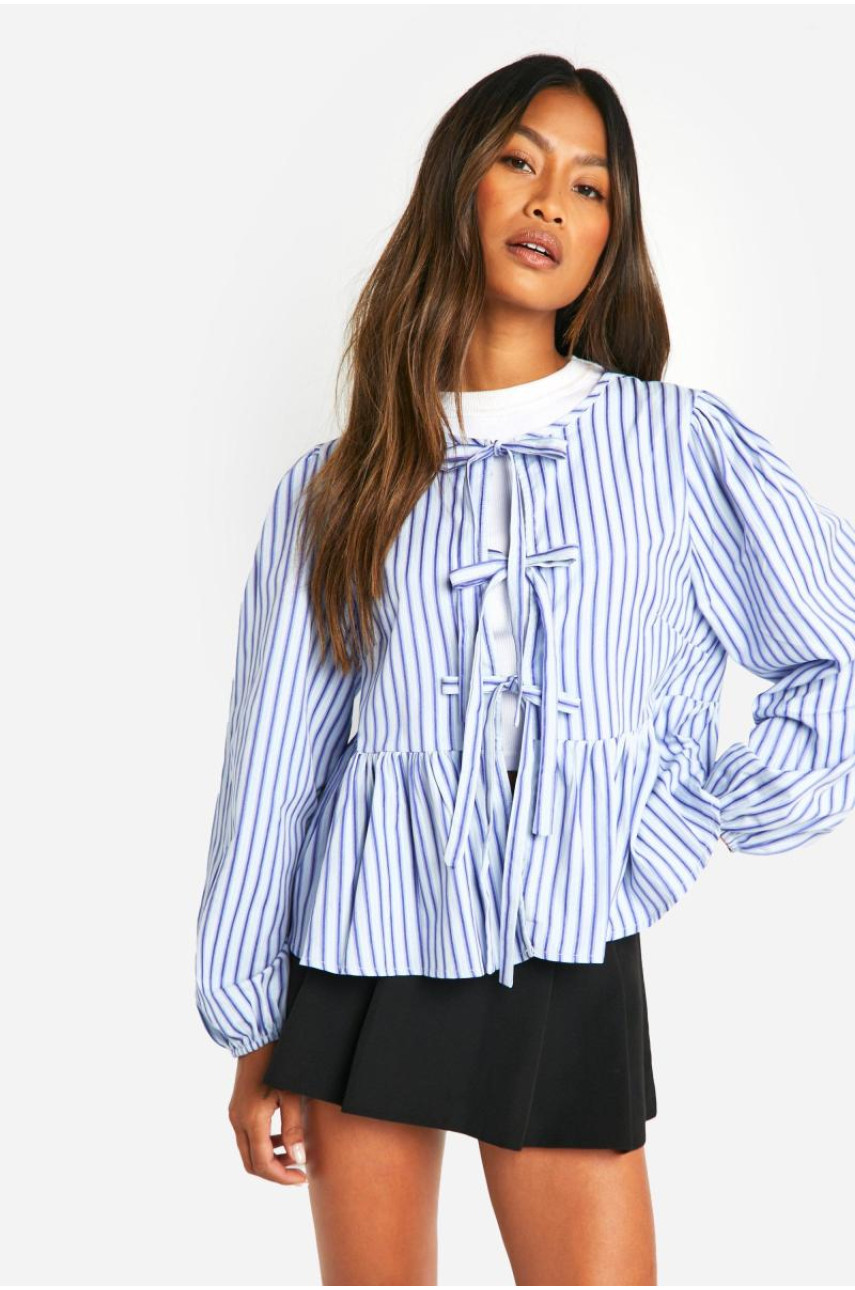 Блакитний смугастий халат із зав’язкою спереду та довгими рукавами