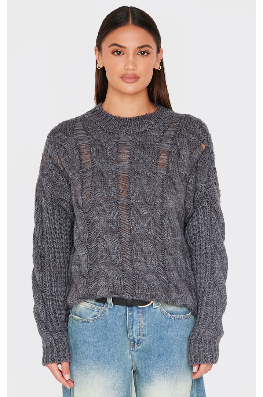 Темно-сірий в'язаний джемпер із пошкодженими деталями та тросом
