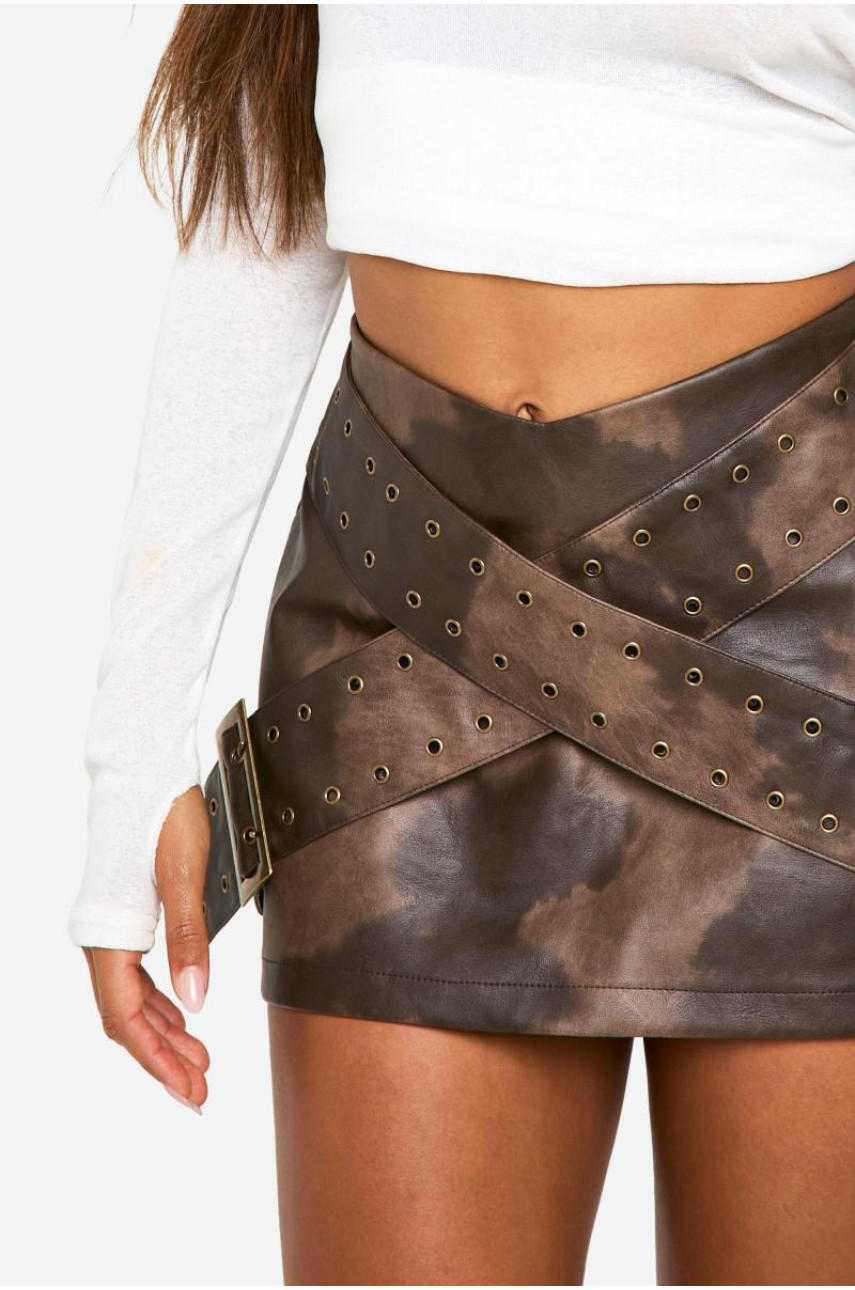 Міні-спідниця з поліуретану з подвійним поясом