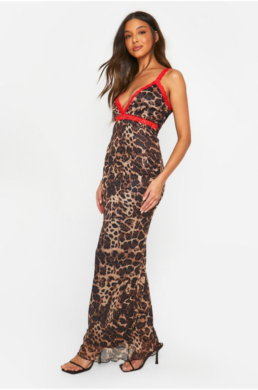 Сукня максі з леопардової сітки з мереживною обробкою