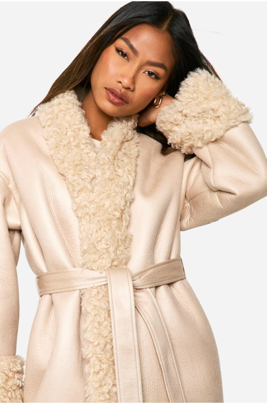 Пальто зі штучної шкіри з оздобленням Тедді