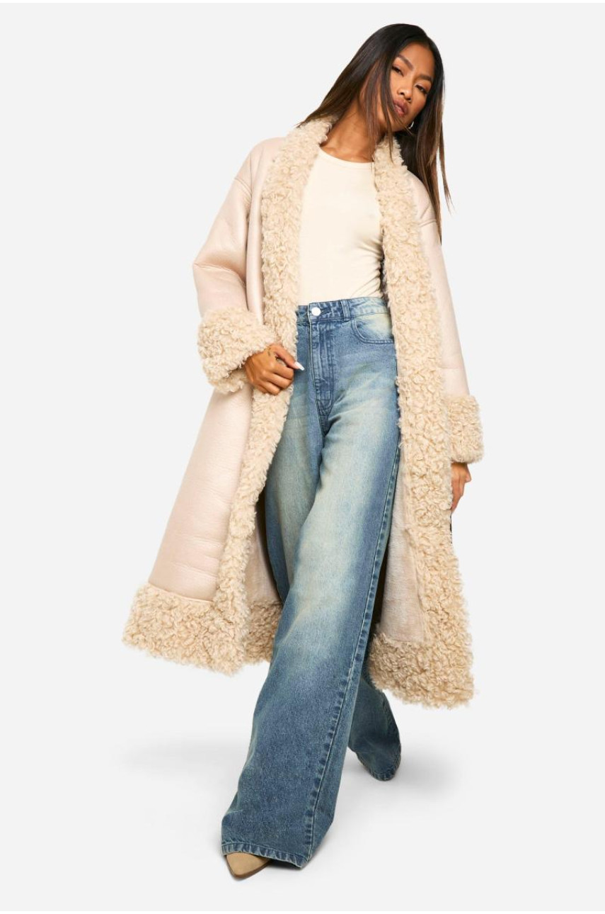 Пальто зі штучної шкіри з оздобленням Тедді