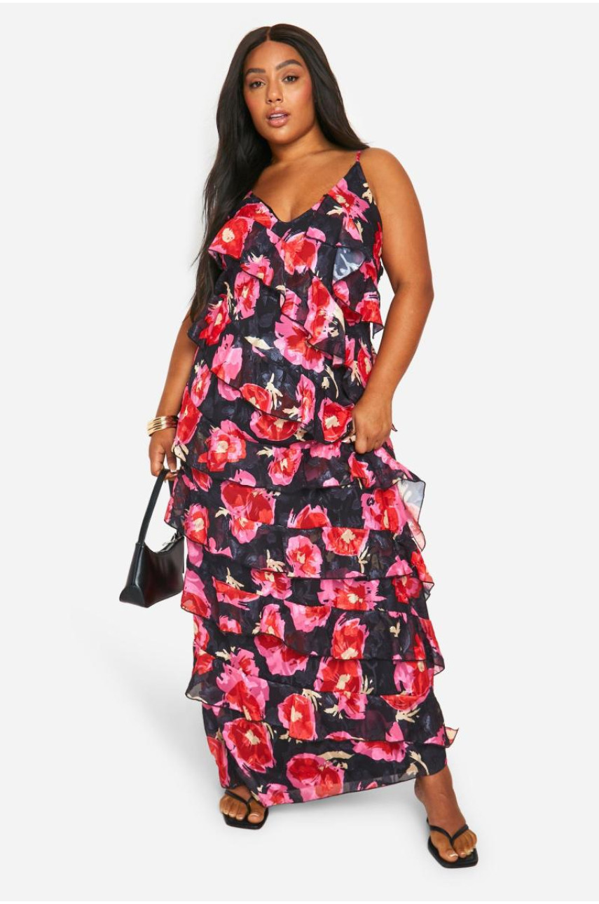 Плюс максі-сукня з квітковим принтом і рюшами