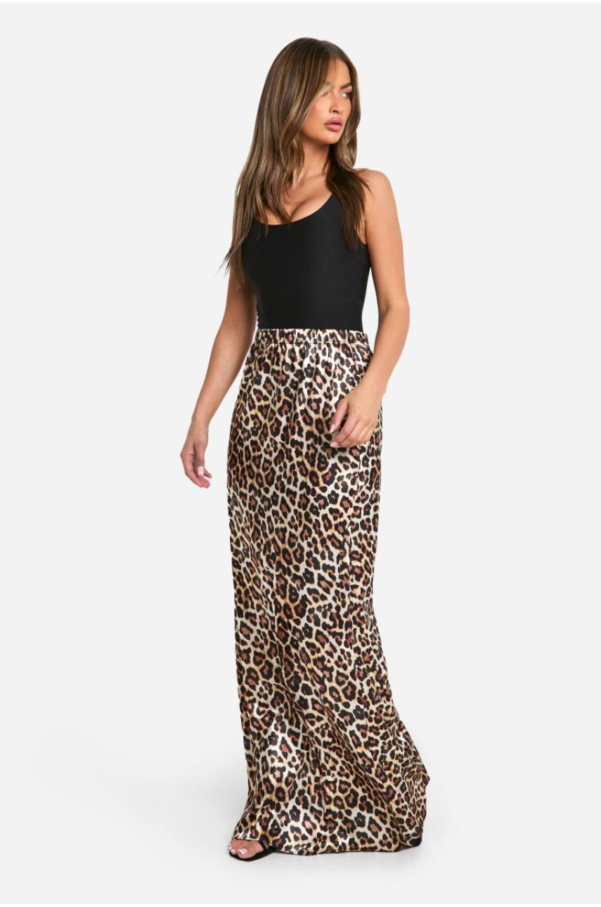 Атласна максі-спідниця з леопардовим принтом