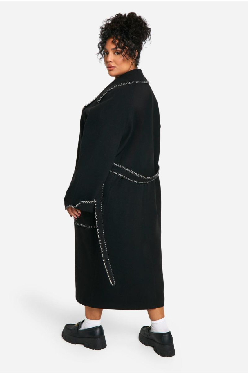 Вовняне пальто з поясом із контрастним стібком