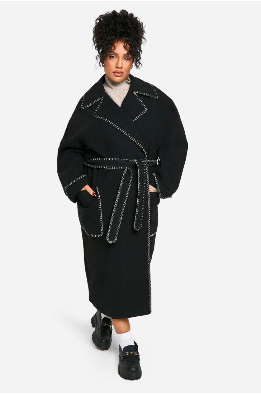 Вовняне пальто з поясом із контрастним стібком