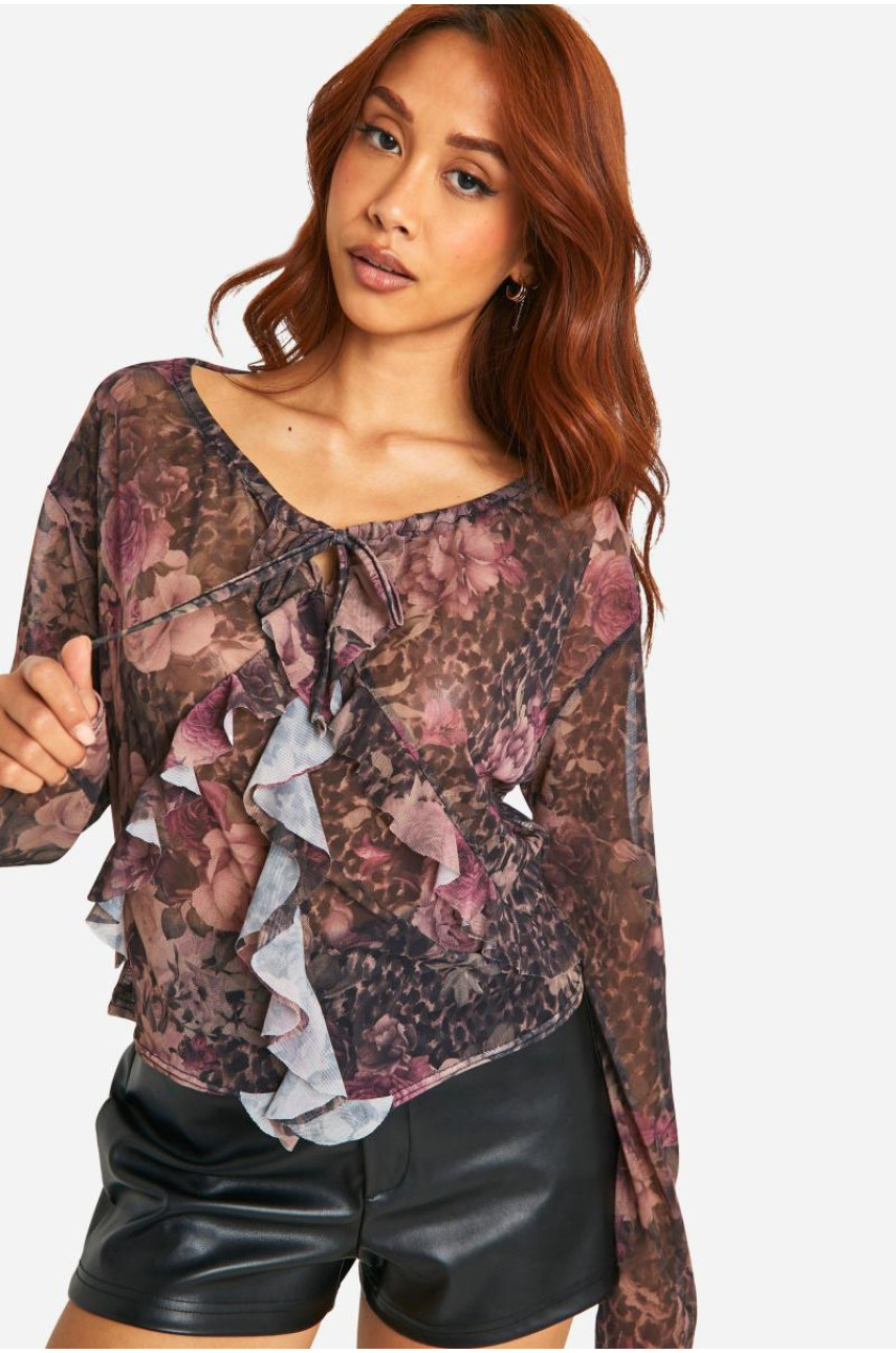 Топ з довгими рукавами з оборками спереду
