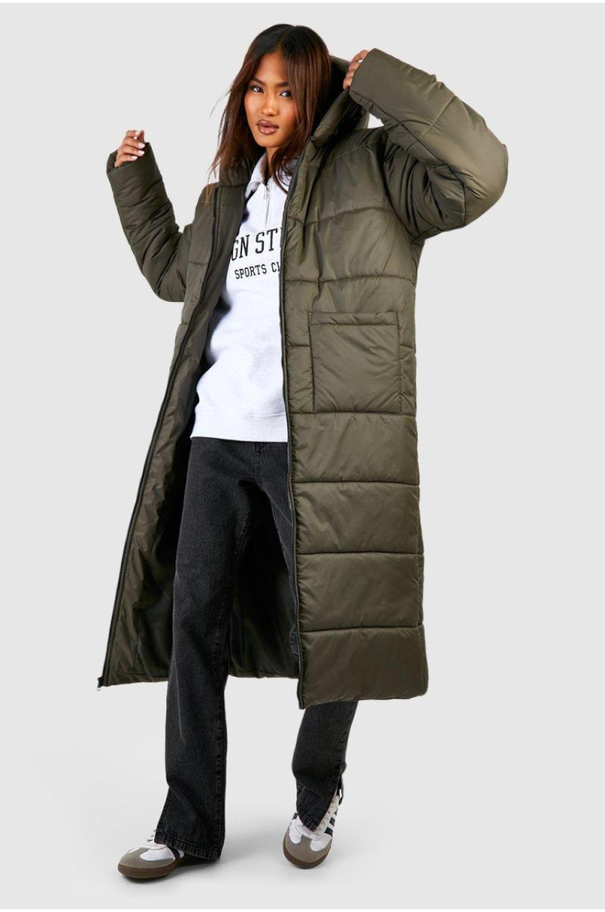 Високий довгий пуховик з капюшоном