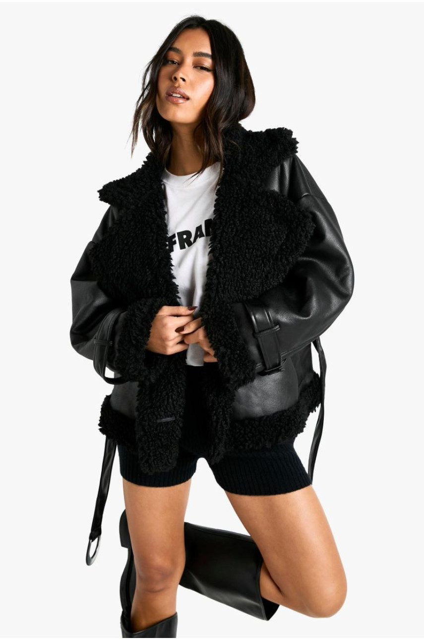 Розкішна куртка-авіатор з оздобленням Тедді з поясом